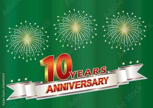 10 years anniversary postcard with salute on a green background with silver ribbon.Vector illustration