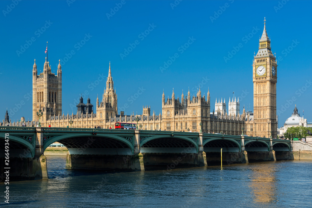 London, Big Ben Clock Tower and Westminster Bridge