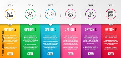Gift, Vacancy and Face id icons simple set. Startup rocket, Statistics and Report document signs. New year, Hiring job. Business set. Infographic template. 6 steps timeline. Business options. Vector