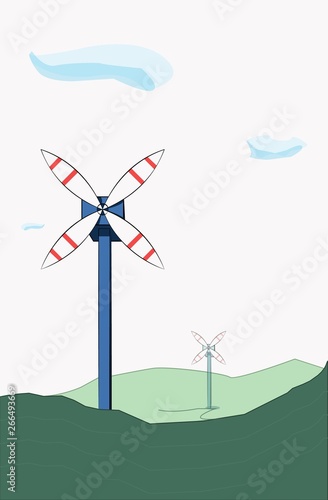 Two windmills in the hills on a light background with clouds
