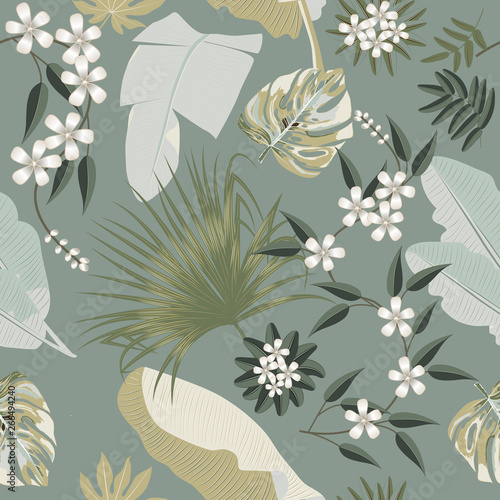 Vector tropical seamless pattern in olive green colors. Botany design.