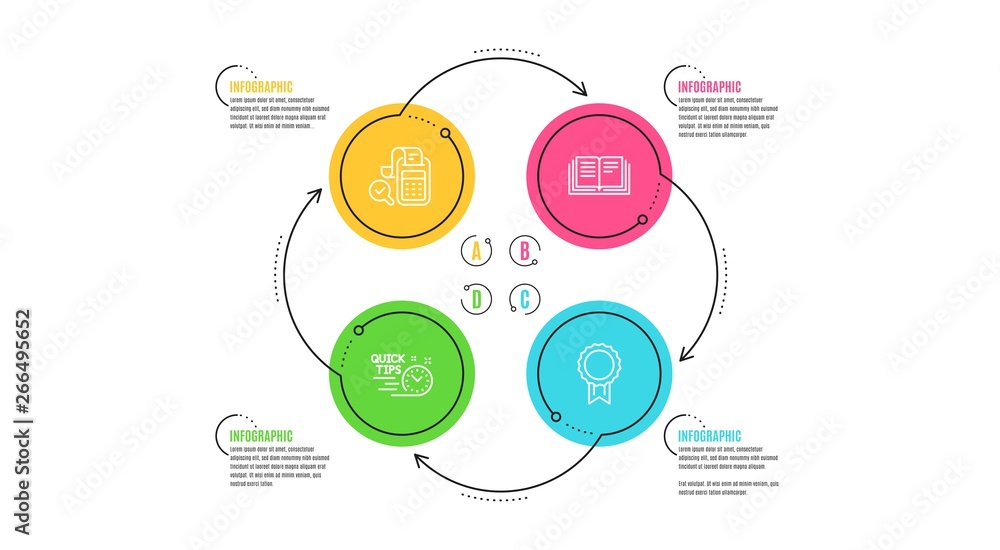 Quick tips, Education and Bill accounting icons simple set. Infographic timeline. Reward sign. Helpful tricks, Instruction book, Audit report. Best medal. Education set. Cycle infographic. Vector Quick tips, Education and Bill accounting icons simple set. Infographic timeline. Reward sign. Helpful tricks, Instruction book, Audit report. Best medal. Education set. Cycle infographic. Vector
