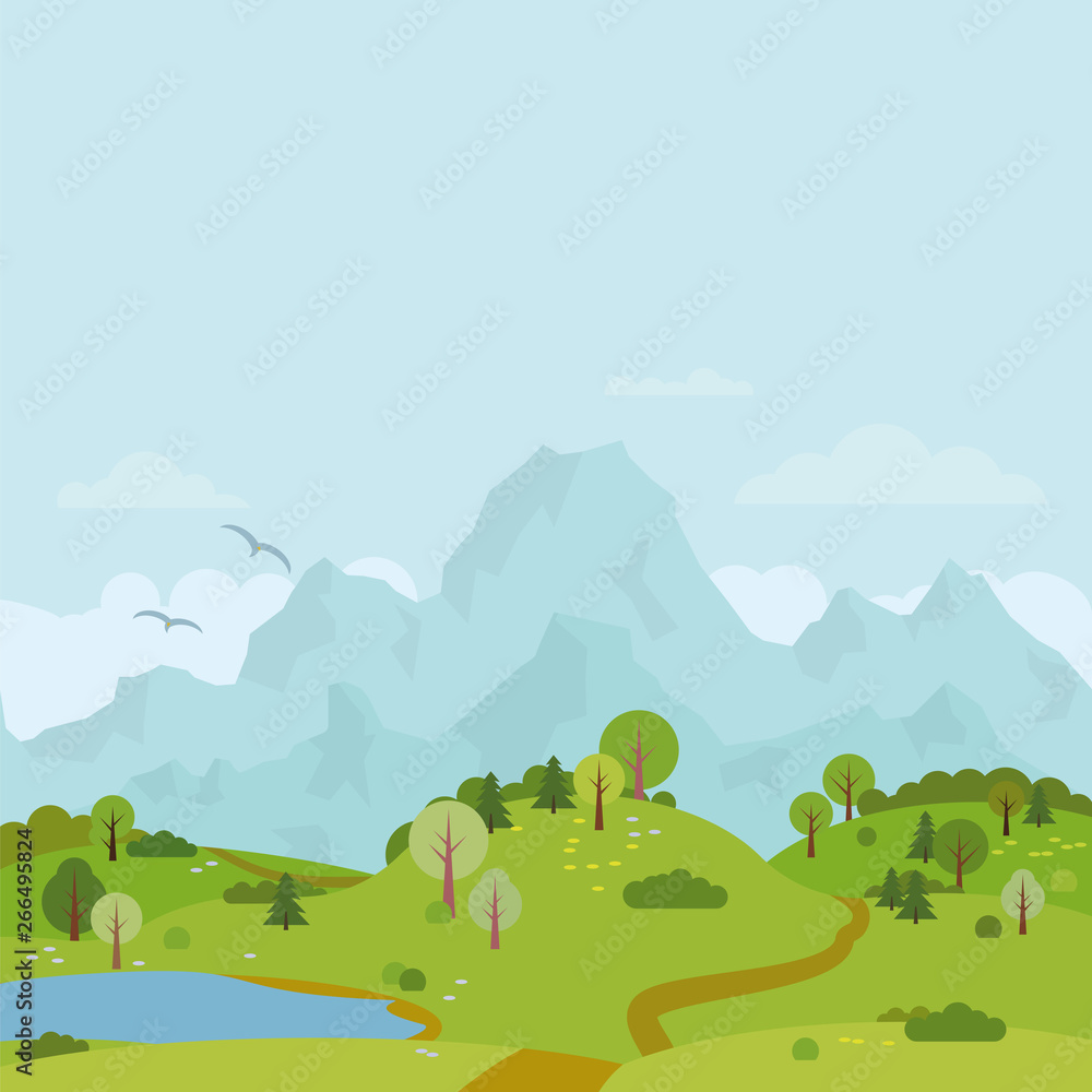 Fototapeta premium Mountain range landscape with hills and lake vector illustration
