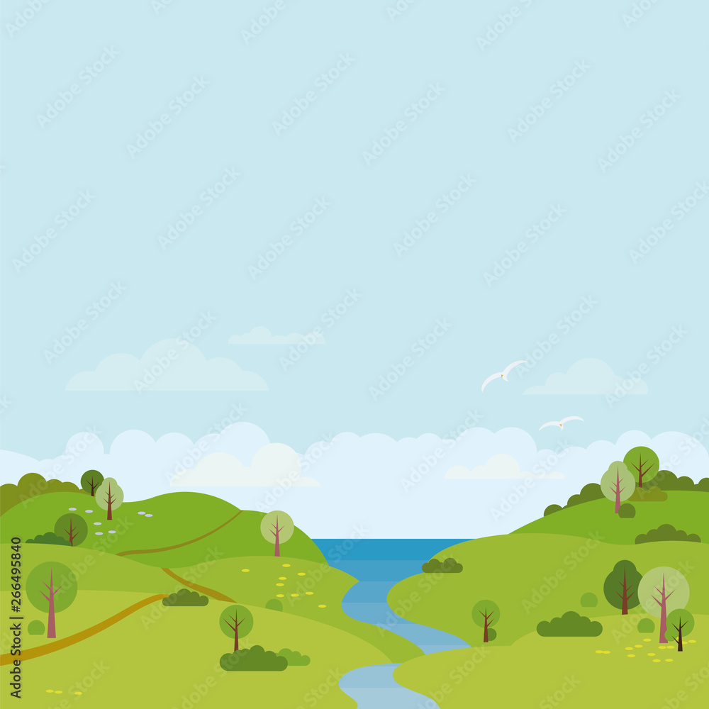 Coastal landscape with river, hills and sea vector illustration