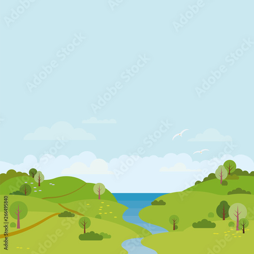 Coastal landscape with river  hills and sea vector illustration