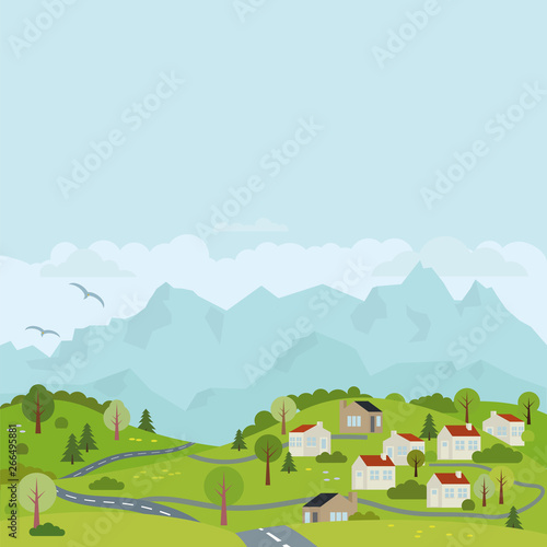 Landscape with hills and village vector illustration