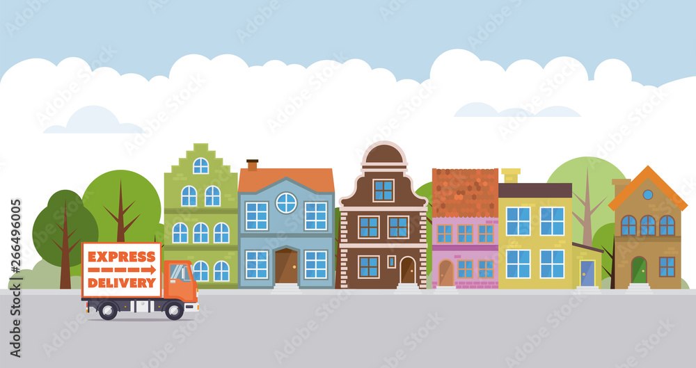 Delivery truck in a village flat dedsign vector illustration Delivery truck in a village flat dedsign vector illustration