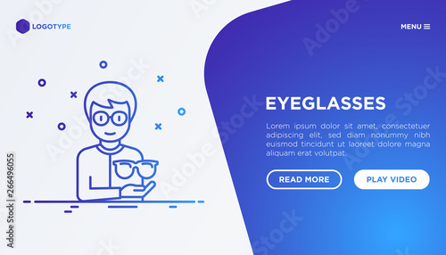 Optics shop concept: Man is trying on different eyeglasses. Thin line icons. Modern vector illustration, web page template.