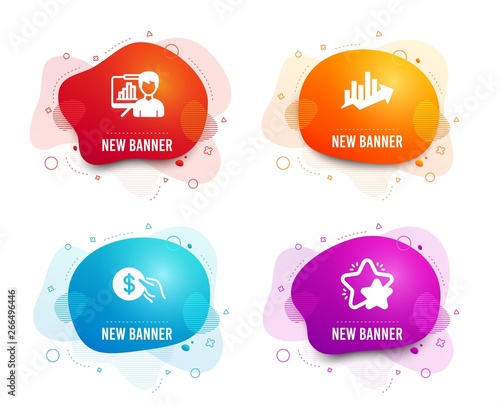 Liquid badges. Set of Payment, Presentation board and Growth chart icons. Star sign. Usd coin, Growth chart, Sale diagram. Customer feedback.  Gradient payment icon. Flyer fluid design. Vector