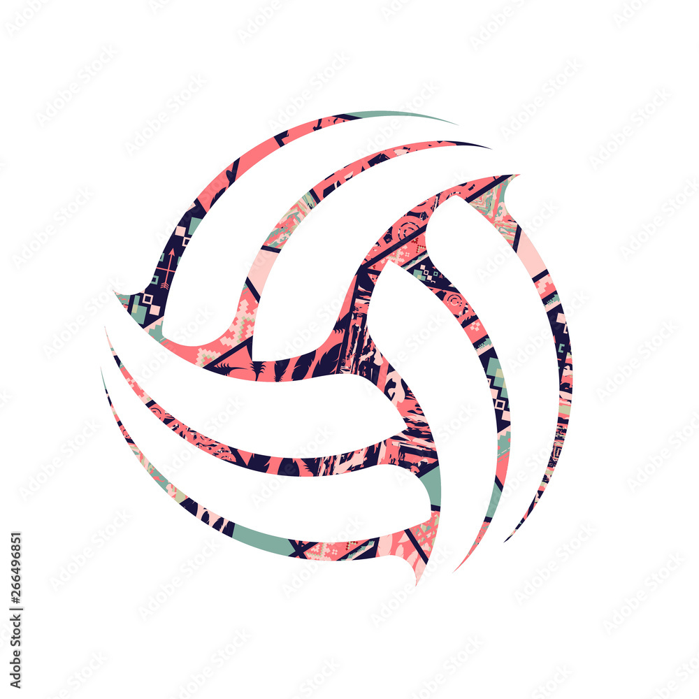 Volleyball symbol with boho tribal pattern isolated on white background