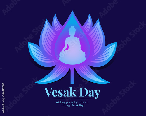 vesak day banner with  buddha in Purple blue Lotus sign vector design
