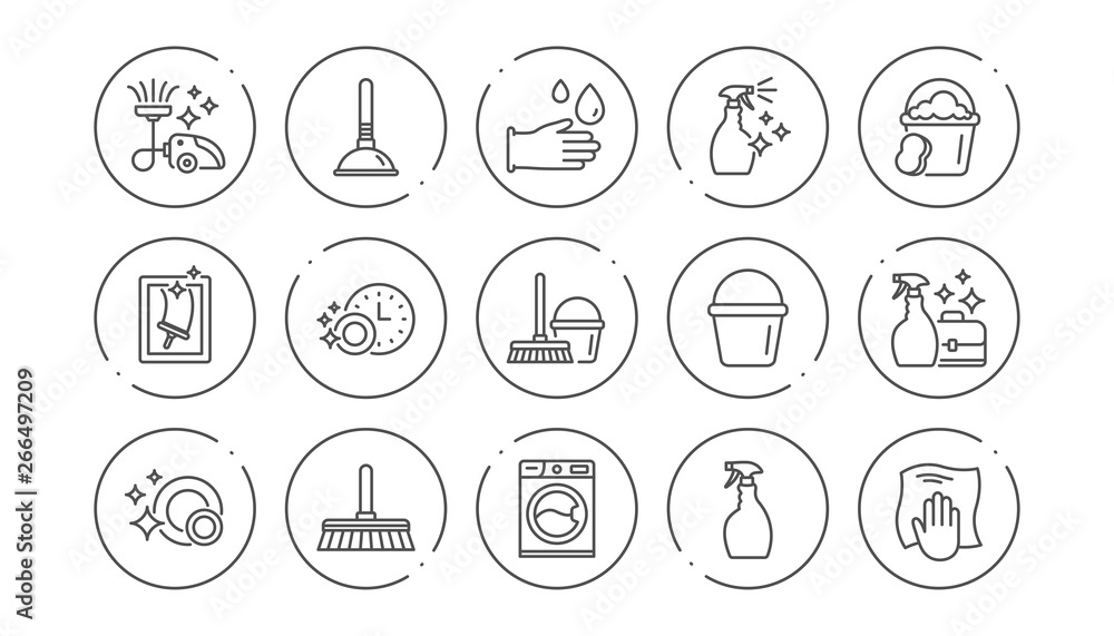 Cleaning line icons. Laundry, Window sponge and Vacuum cleaner. Washing machine linear icon set. Line buttons with icon. Editable stroke. Vector Cleaning line icons. Laundry, Window sponge and Vacuum cleaner. Washing machine linear icon set. Line buttons with icon. Editable stroke. Vector