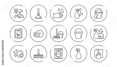 Cleaning line icons. Laundry, Window sponge and Vacuum cleaner. Washing machine linear icon set. Line buttons with icon. Editable stroke. Vector