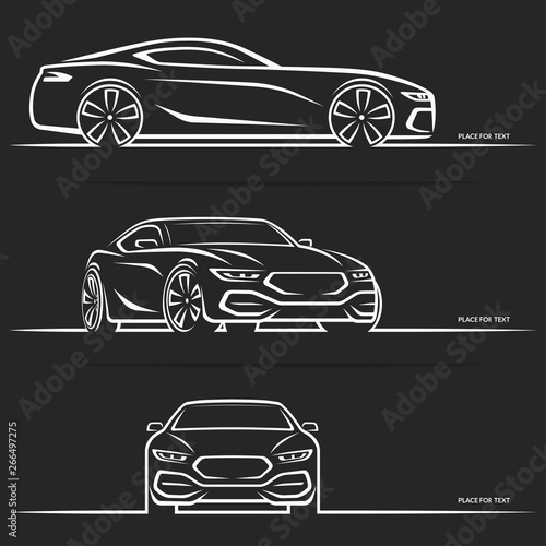 Vector sports car silhouette. Side, perspective and front view.