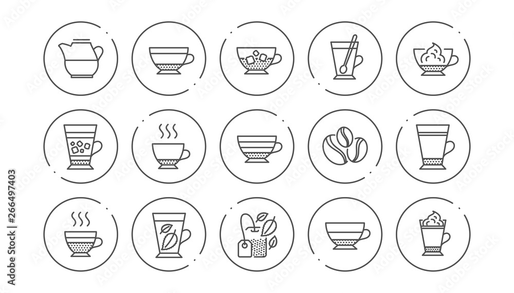 Coffee types and Tea icons. Mocha, Cappuccino and Latte. Americano cup linear icon set. Line buttons with icon. Editable stroke. Vector