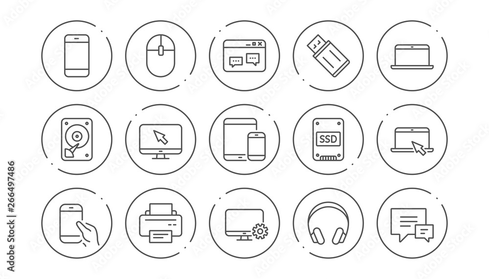 Device line icons. Laptop, SSD and Headphones. Printer linear icon set. Line buttons with icon. Editable stroke. Vector