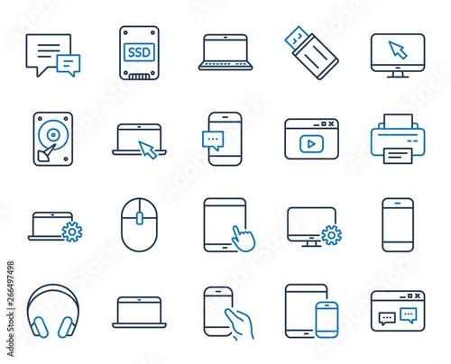 Mobile device line icons. Laptop, Tablet PC and Smartphone icons. HDD, SSD and Flash drive. Headphones, Printer and tablet device. Mouse, ssd disk, mobile laptop. Memory hdd drive. Colorful design set