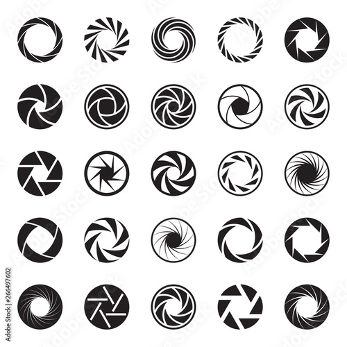 Camera Aperture icons. Shutter icons. Collection of 25 Back Symbols of Camera Iris Diaphragm Isolated on a White Background. Signs of Photo, Photography, Lens, etc. Vector Illustration photo