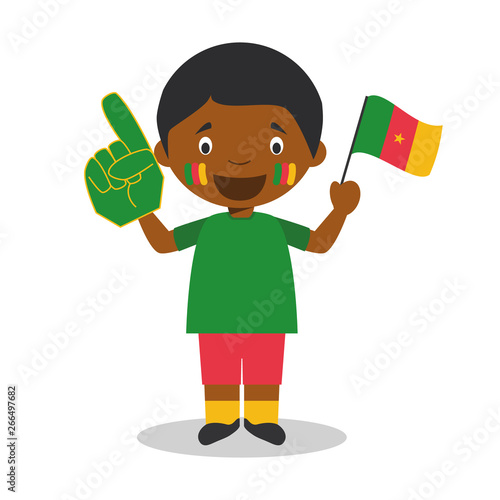 National sport team fan from Cameroon with flag and glove Vector Illustration