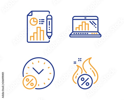 Loan percent, Report document and Graph laptop icons simple set. Hot loan sign. Discount, Growth chart, Mobile report. Discount offer. Finance set. Linear loan percent icon. Colorful design set