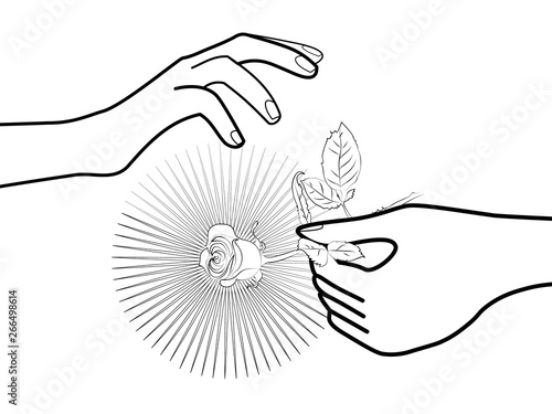 black and white picture for coloring with the image of hands holding a rose