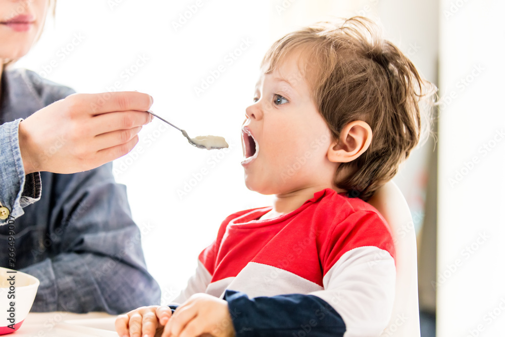 mother feeds a little toddler boy with a spoon during lunch in the room. mother feeds a little toddler boy with a spoon during lunch in the room.