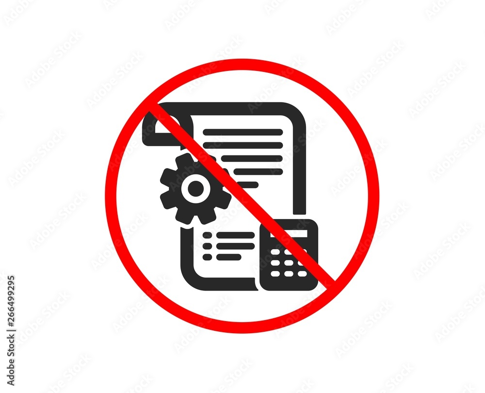 No or Stop. Settings blueprint icon. Engineering cogwheel tool sign. Cog gear symbol. Prohibited ban stop symbol. No settings blueprint icon. Vector