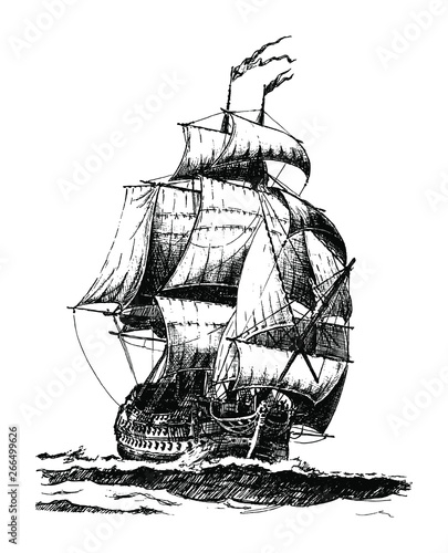 Hand drawn vintage sailing ship. Vector illustration.