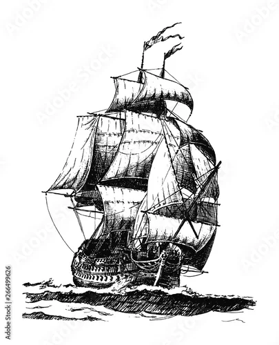 Obraz Ręcznie rysowane rocznika żaglowiec. Ilustracji wektorowych.