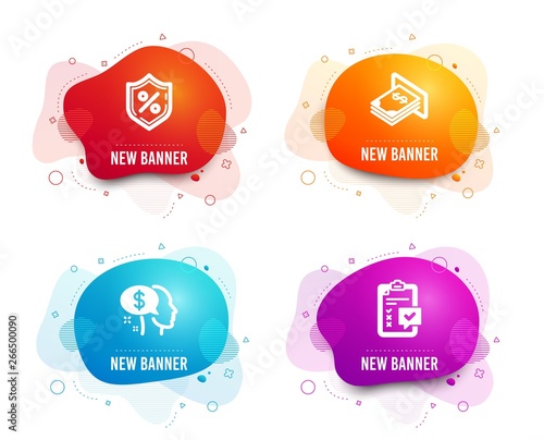 Liquid badges. Set of Atm money, Loan percent and Pay icons. Checklist sign. Dollar currency, Protection shield, Beggar. Survey.  Gradient atm money icon. Flyer fluid design. Abstract shapes. Vector