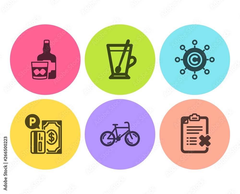 Copywriting network, Tea mug and Whiskey glass icons simple set. Bicycle, Parking payment and Reject checklist signs. Content networking, Cup with teaspoon. Business set. Flat copywriting network icon Copywriting network, Tea mug and Whiskey glass icons simple set. Bicycle, Parking payment and Reject checklist signs. Content networking, Cup with teaspoon. Business set. Flat copywriting network icon