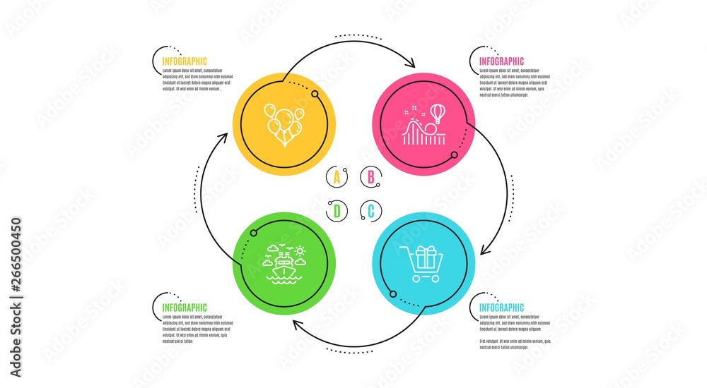 Balloons, Ship travel and Roller coaster icons simple set. Infographic timeline. Shopping cart sign. Air balloons, Cruise transport, Attraction park. Gift box. Holidays set. Cycle infographic. Vector