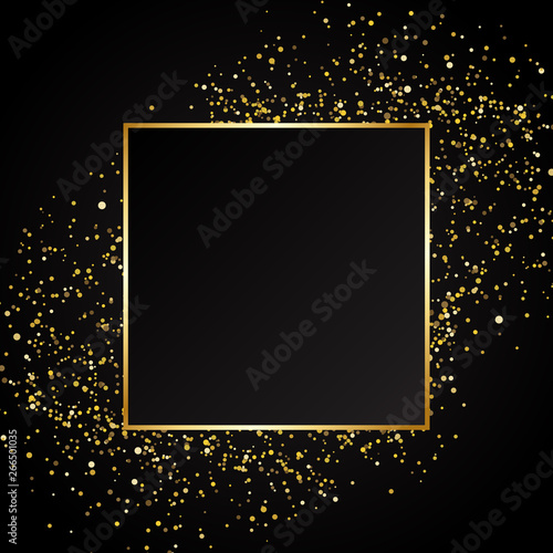 Gold glitter frame. Golden grainy frame. Golden confetti background.