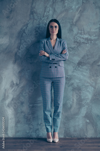 Full length body size photo beautiful she her business lady candidate worker interview look arms folded strict high-heels office wear specs formal-wear checkered plaid suit isolated grey background