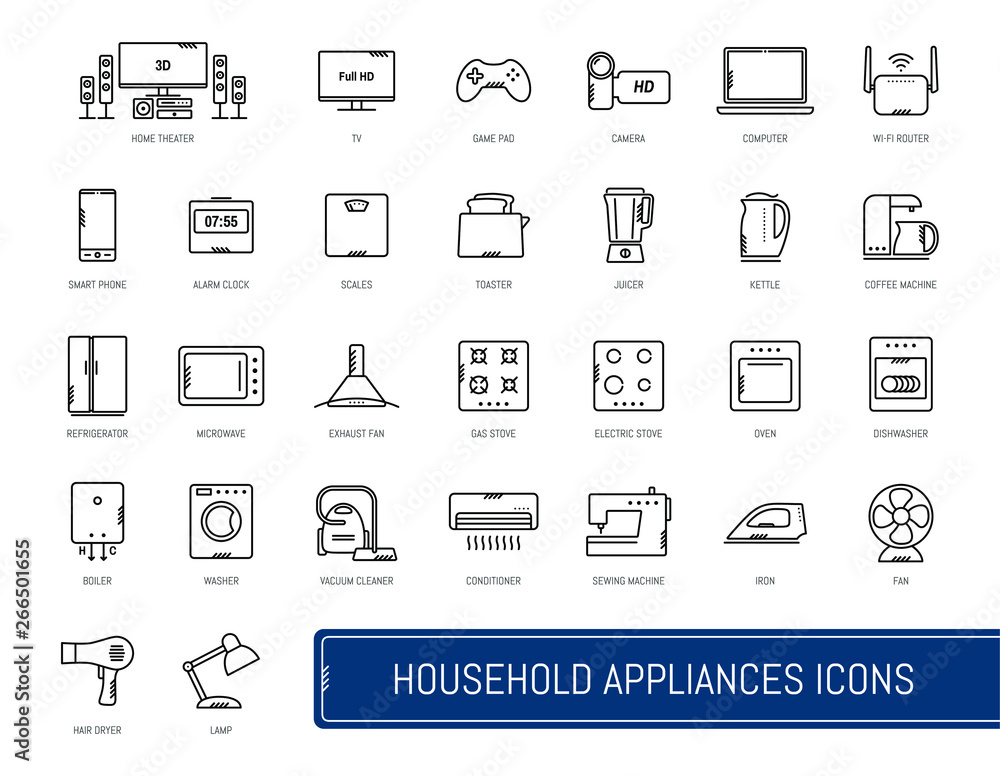 Household appliances line icons set. Vector illustration.