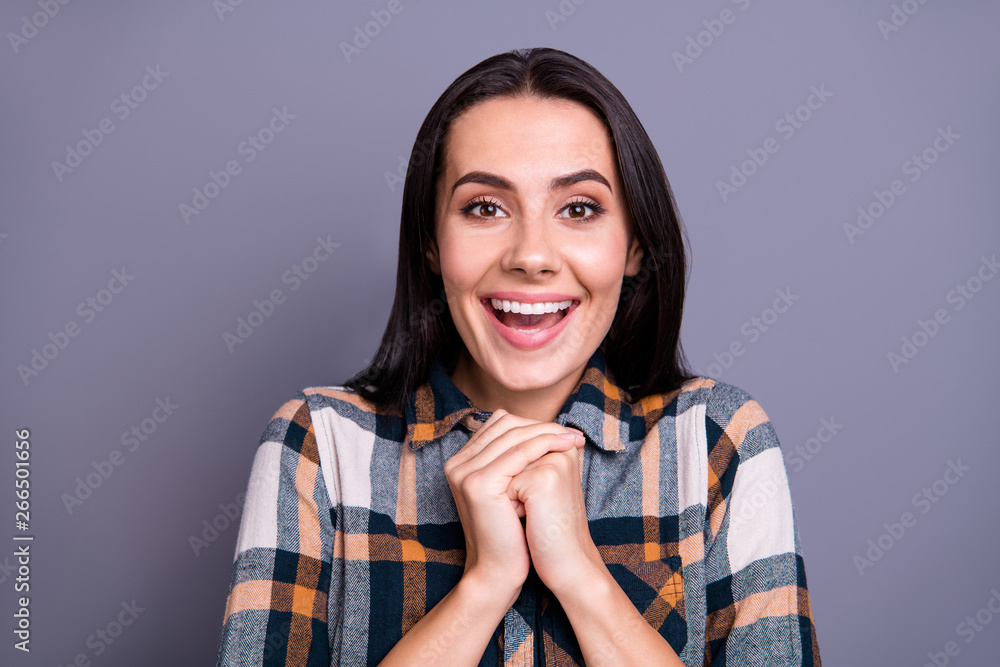 Close-up portrait of her she nice attractive lovely winsome fascinating cheerful cheery feminine straight-haired lady wearing checked plaid isolated over gray violet purple pastel background Close-up portrait of her she nice attractive lovely winsome fascinating cheerful cheery feminine straight-haired lady wearing checked plaid isolated over gray violet purple pastel background
