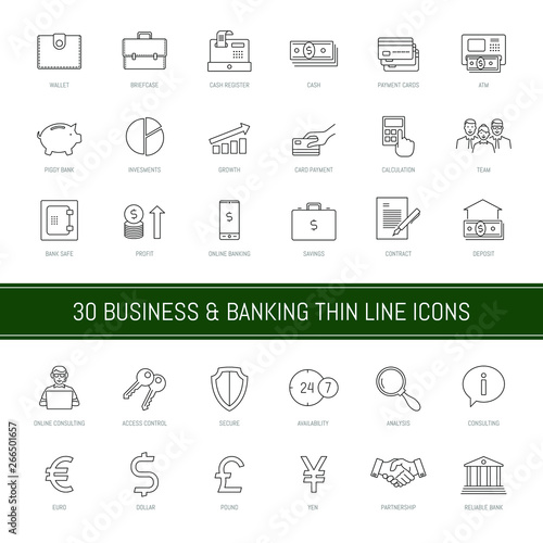 Business and banking thin line icons set. Vector illustration.