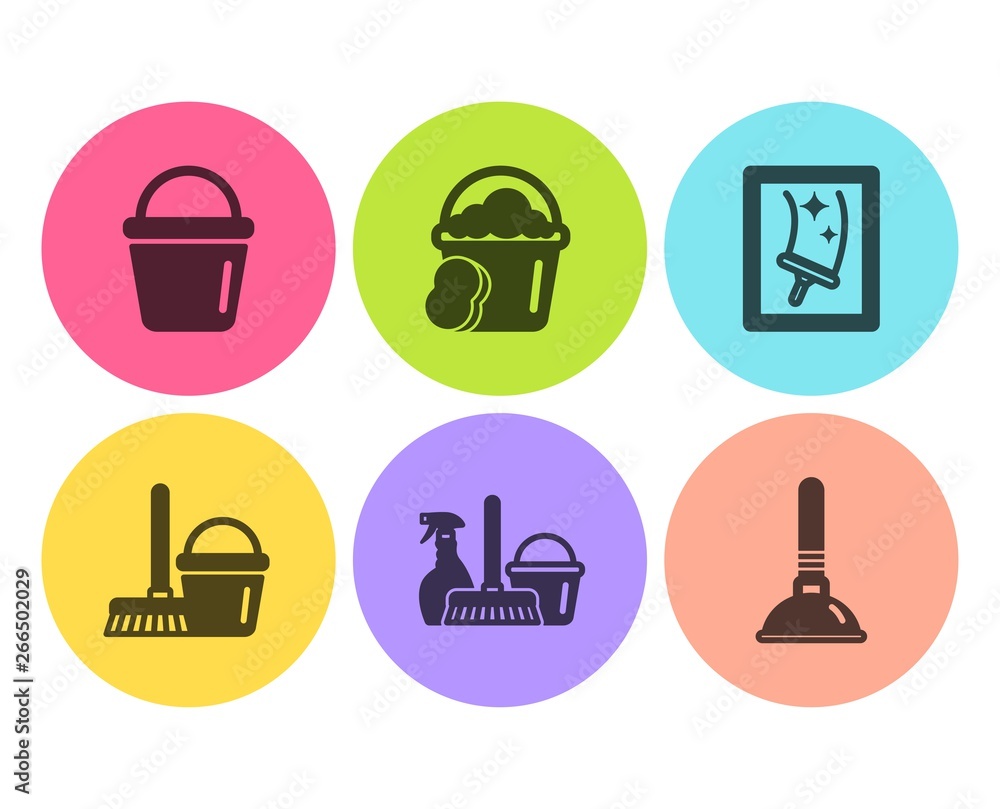 Bucket, Bucket with mop and Sponge icons simple set. Household service, Window cleaning and Plunger signs. Washing equipment, Cleaner equipment. Cleaning set. Flat bucket icon. Circle button. Vector Bucket, Bucket with mop and Sponge icons simple set. Household service, Window cleaning and Plunger signs. Washing equipment, Cleaner equipment. Cleaning set. Flat bucket icon. Circle button. Vector
