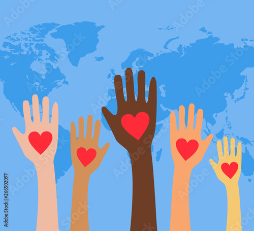 Hands with hearts. Raised hands volunteering.