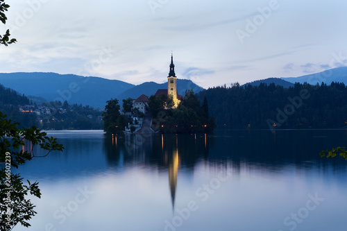 Summer evening on the lake Bled with a view on the Bled island with Pilgrimage Church of the Assumption of Maria