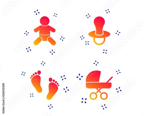 Baby infants icons. Toddler boy with diapers symbol. Buggy and dummy signs. Child pacifier and pram stroller. Child footprint step sign. Random dynamic shapes. Gradient newborn icon. Vector