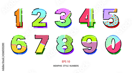 Geometric numbers design.  Memphis style. Template for your design works. Vector illustration.