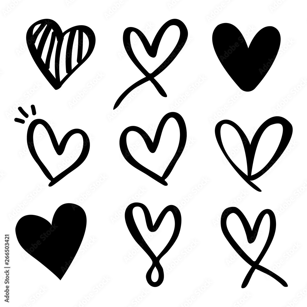 Set of nine hand drawn heart. Hand drawn rough marker hearts isolated on white background. Set of nine hand drawn heart. Hand drawn rough marker hearts isolated on white background.