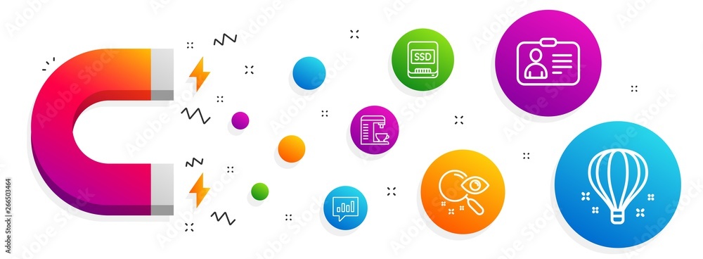 Magnet attracting. Analytical chat, Id card and Coffee machine icons simple set. Search, Ssd and Air balloon signs. Communication speech bubble, Human document. Technology set. Vector Magnet attracting. Analytical chat, Id card and Coffee machine icons simple set. Search, Ssd and Air balloon signs. Communication speech bubble, Human document. Technology set. Vector
