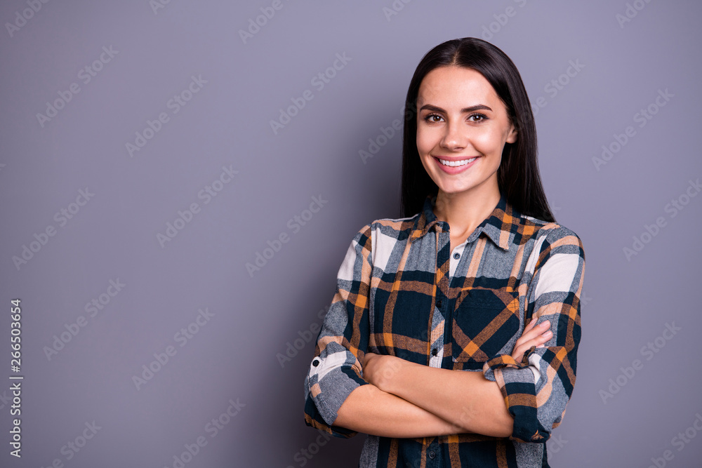 Portrait of content charming millennial youth have long haircut hairdo dressed plaid outfit modern feel glad excited tenderness isolated on grey background Portrait of content charming millennial youth have long haircut hairdo dressed plaid outfit modern feel glad excited tenderness isolated on grey background