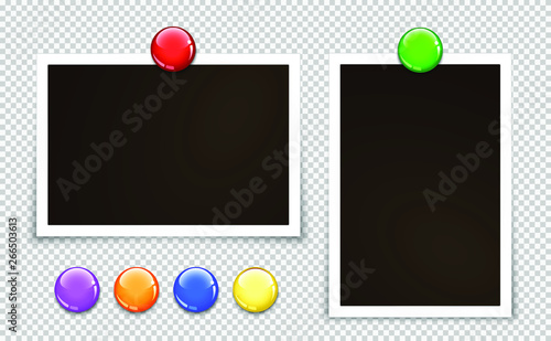 Isolated paper photo frames. Circle glossy magnets. Transparent background. Template for your design works. Vector illustration.