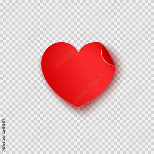 Paper sticker in heart shape with shadow isolated on transparent background. Vector empty red note post template.