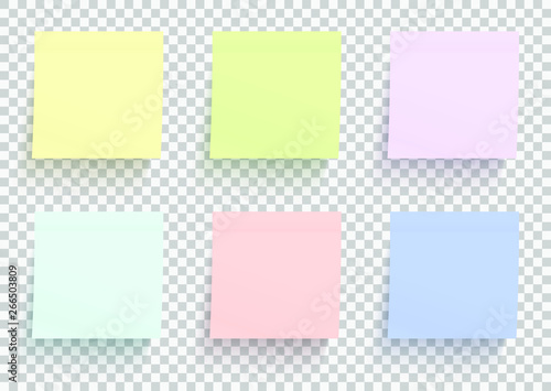 Colored paper stickers set. Shadowed sticky notes on transparent background. Template for your design works. Vector illustration.