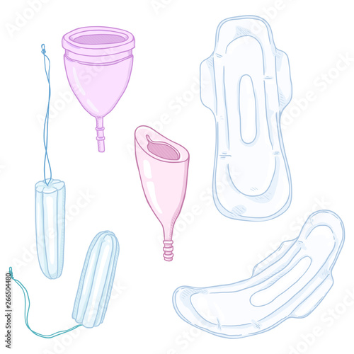 Vector Cartoon Set of Tampons, Menstrual Cups and Sanitary Towels and other Intimate Hygiene Items.