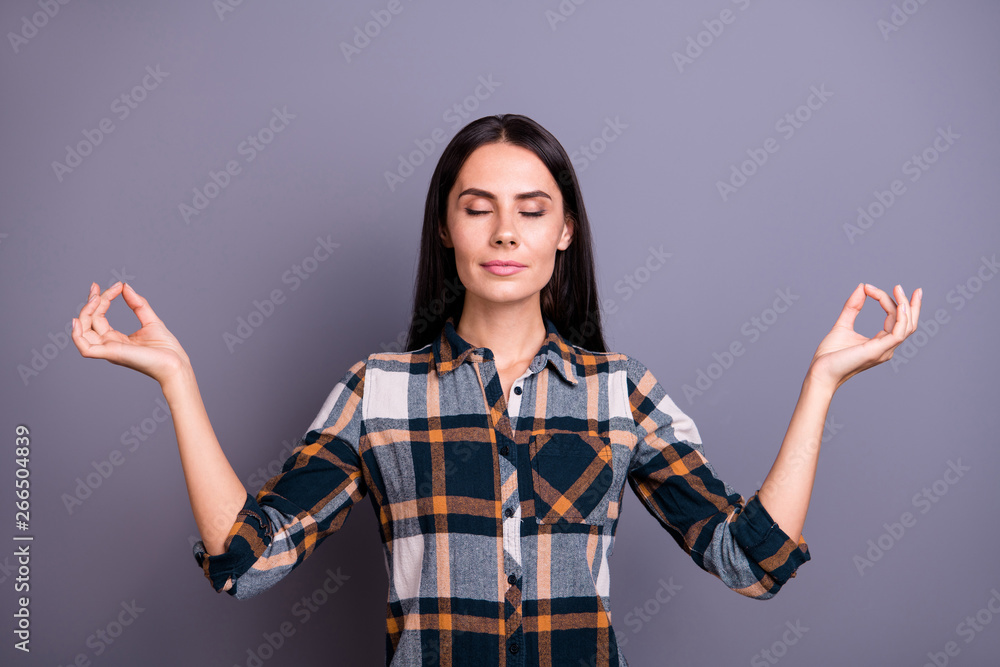 Portrait of content glad cute youngster cute have training fit close eyes spirit want pleasure rest wear fashionable checkered clothing isolated on argent background Portrait of content glad cute youngster cute have training fit close eyes spirit want pleasure rest wear fashionable checkered clothing isolated on argent background